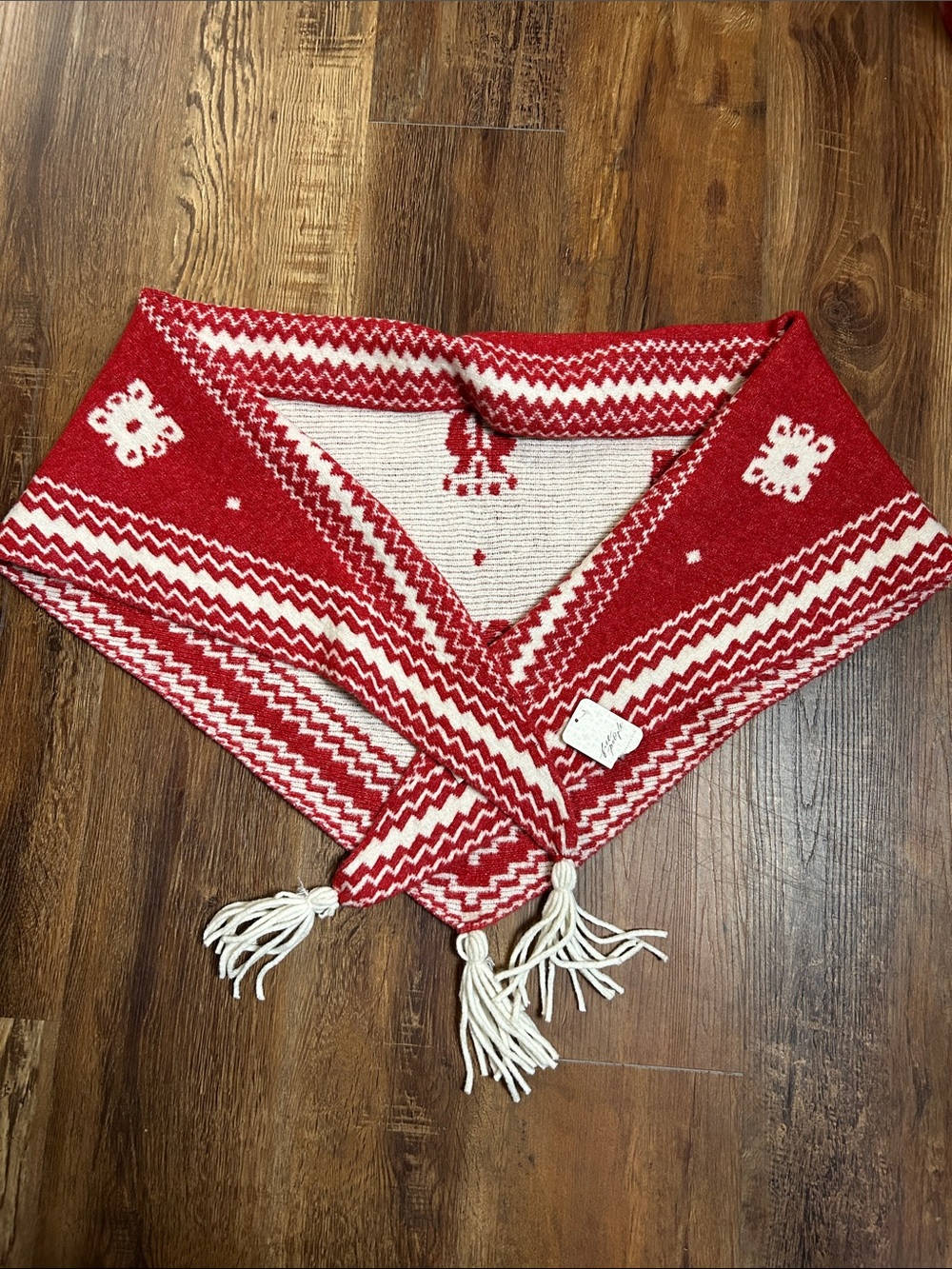 Free People Red and White Knit Tassel Wrap Scarf